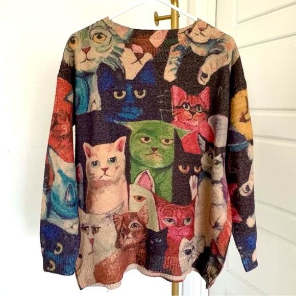 Soft Cozy Y2K Vibe Cat Lover Wool Blend Pullover Retro Sweater Women's Large - Picture 1 of 9